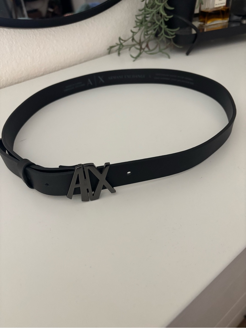Armani Exchange Black Belt with Gunmetal AX Logo Buckle